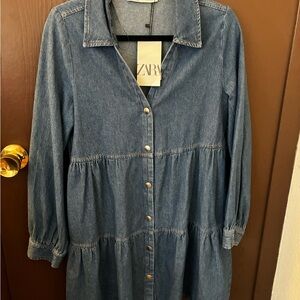 Zara Medium Blue Denim Long-Sleeve Tiered Shirt Dress